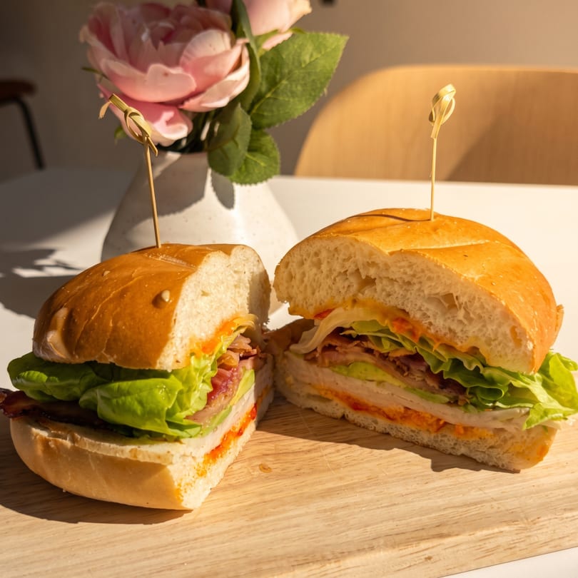 Delicious sandwich halves with fresh lettuce, meat, and sauce on a wooden board, with flowers.